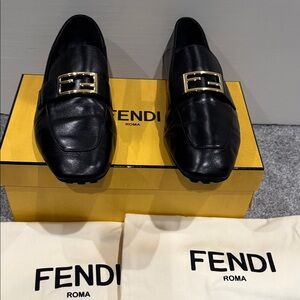 Fendi Black Leather Loafers with Gold Buckle
